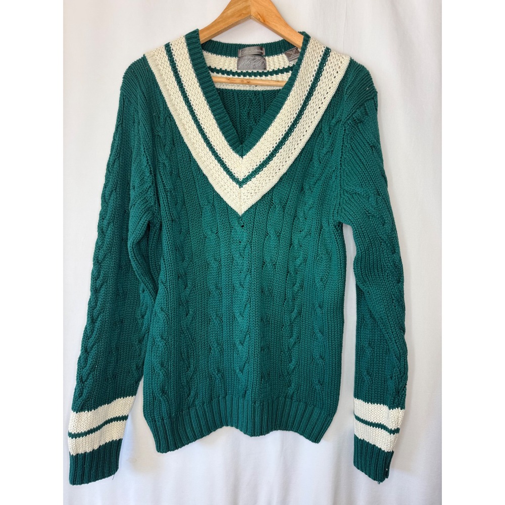 Lord & Taylor Mens Green‎ Cable Knit Cricket Sweater V-Neck Cotton Large Vintage
